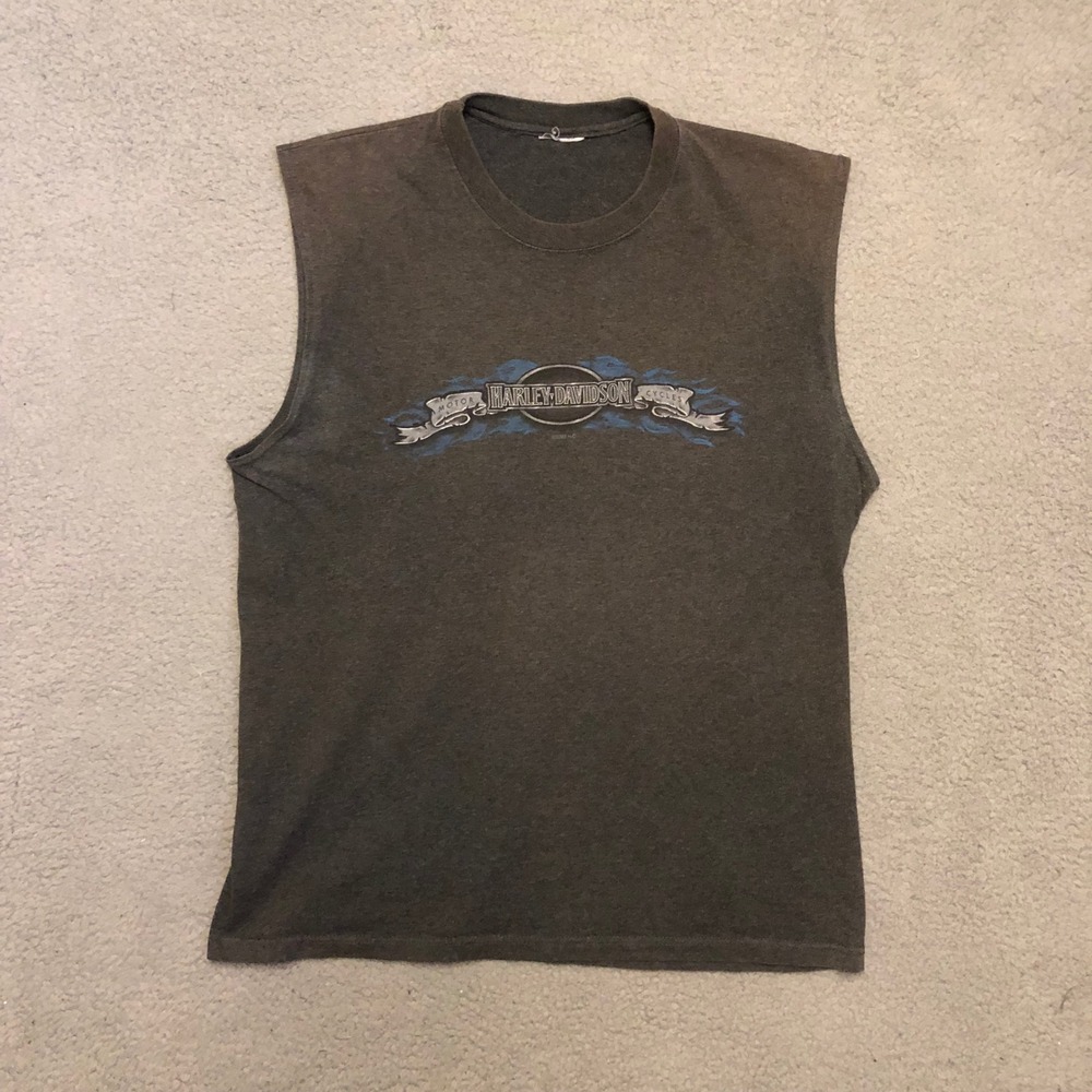 Vtg 2007 Harley Davidson Blue Flames Peoria IL Sleeveless Graphic T-Shirt L